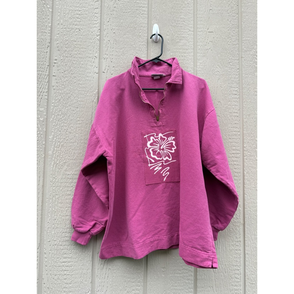 By Taylor L/XL Pullover Vintage 90s Surf Cotton Hibiscus Quarter Zip